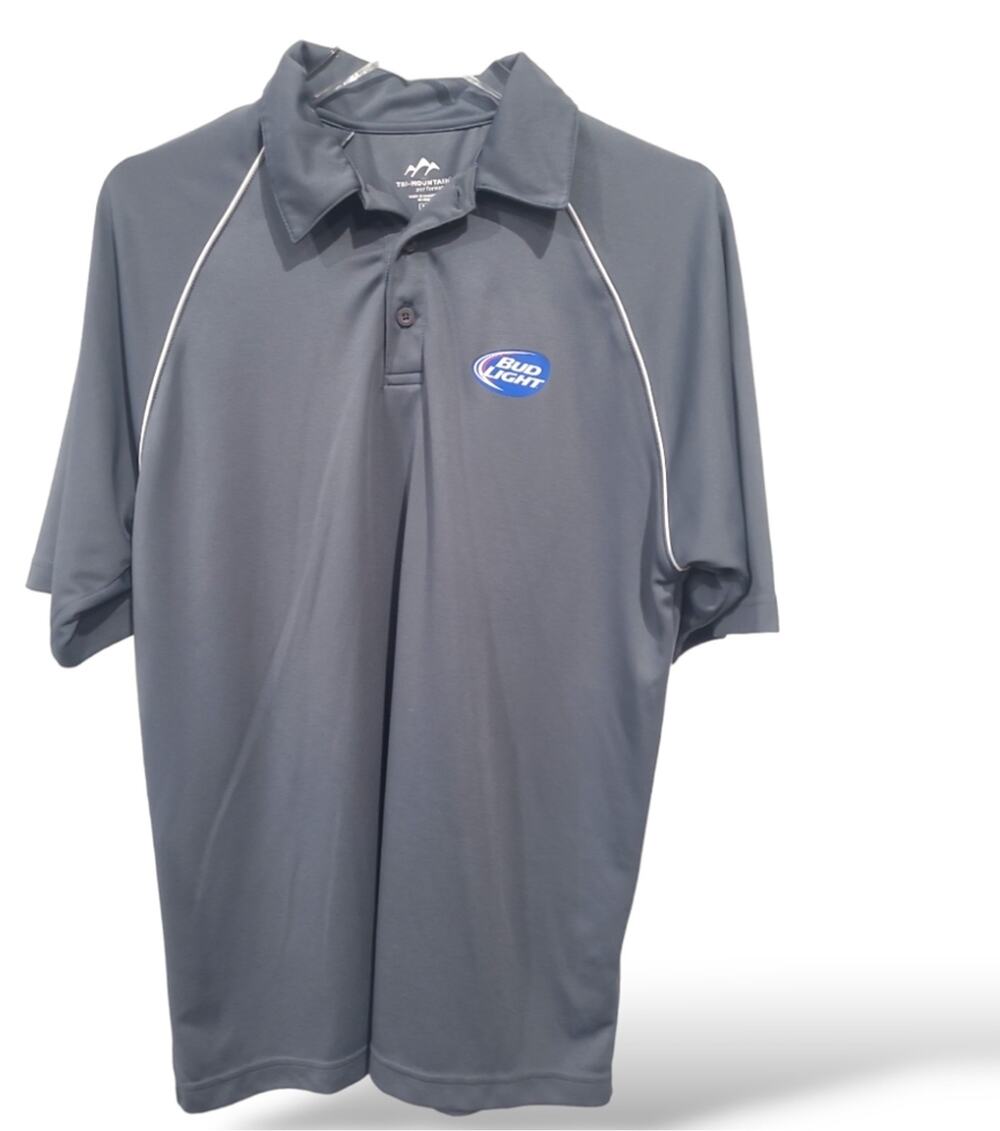 Bud Light Logo Polo SZ Med Tri-Mountain Performance Grey Lightweight Dry Fit